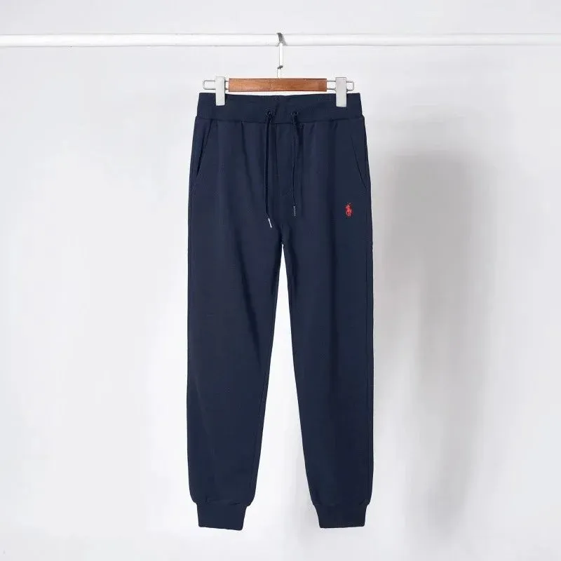 Blue pants with red label