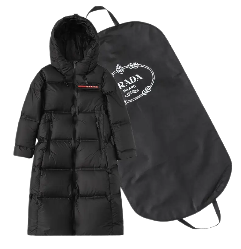 连帽长款羽绒服字母小标黑