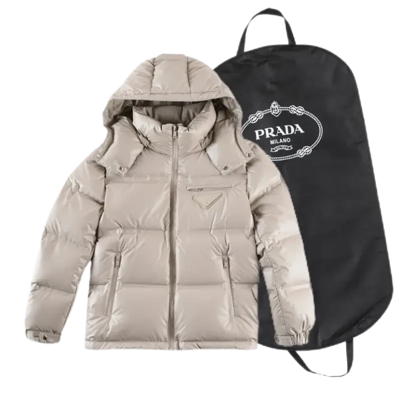 连帽短款羽绒服三角标米白