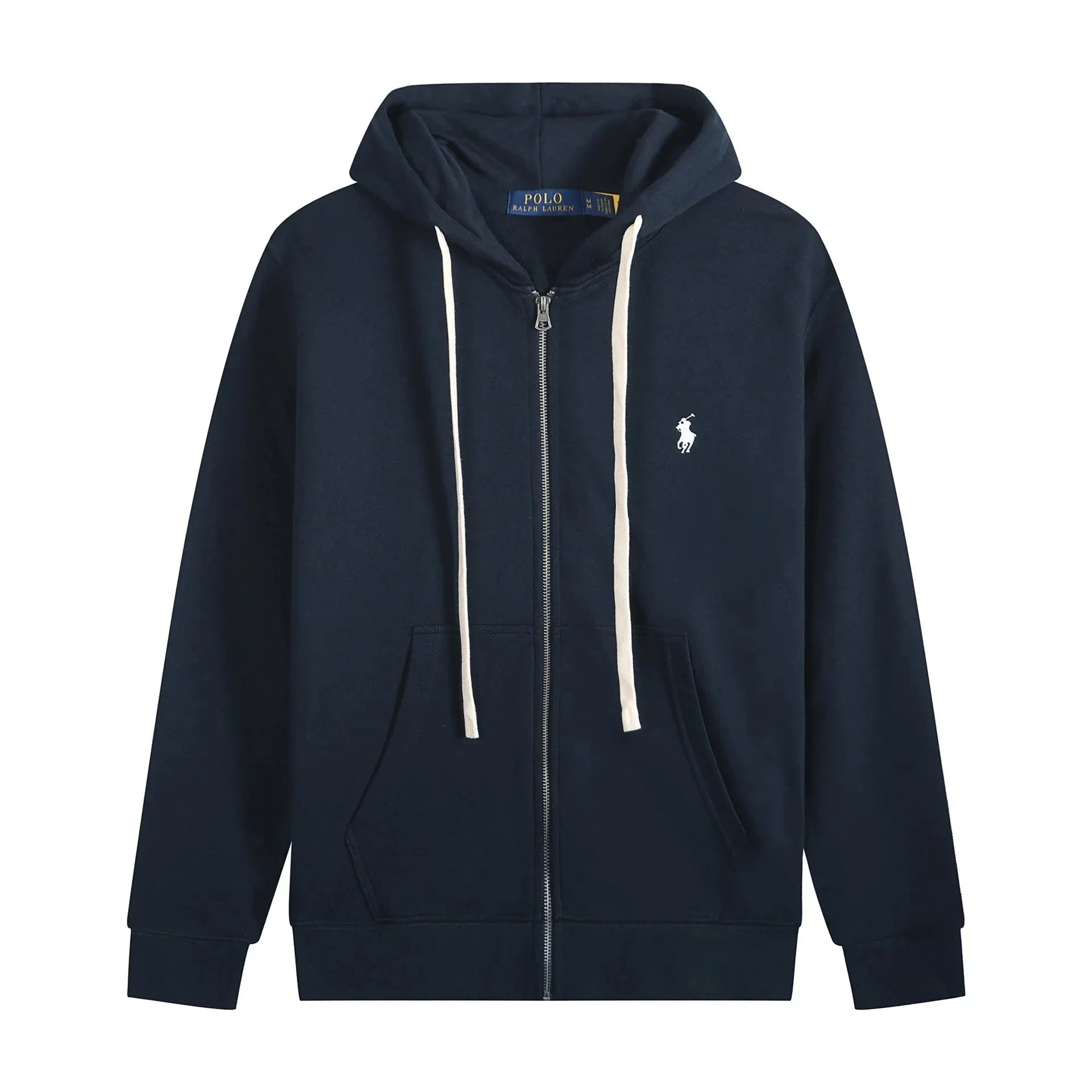 White rope zipper, navy blue, white label